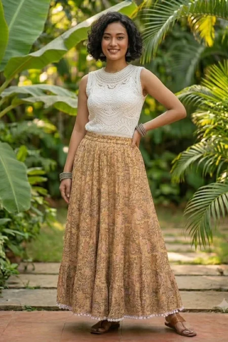 Earthy Mustard Hand-Screen Printed Cotton Maxi Skirt