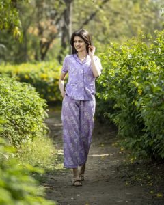 Woman walking outdoors in a lavender floral cotton night suit co-ord — Womens Night Wear