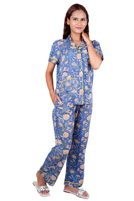 Floral Hand-Screen Printed Cotton Night Suit