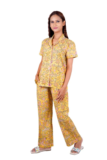 Golden Mustard Floral Hand-Screen Printed Cotton Night Suit