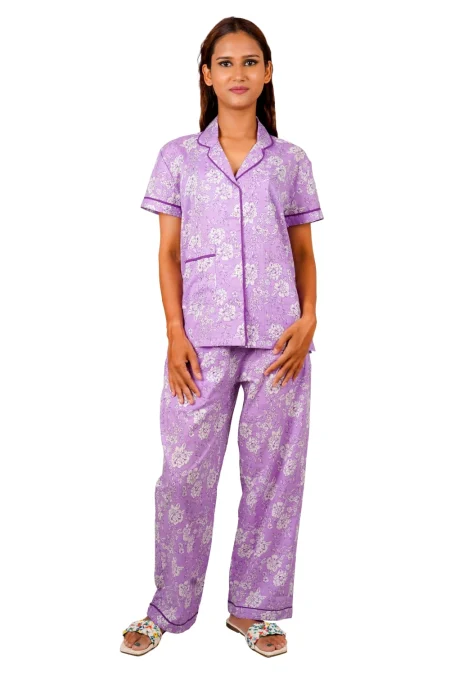 Lavender Floral Hand-Screen Printed Cotton Night Suit