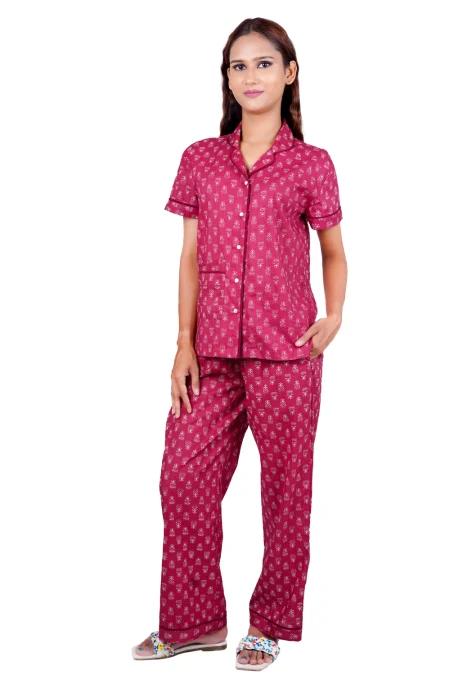 Maroon Motif Hand-Screen Printed Cotton Night Suit